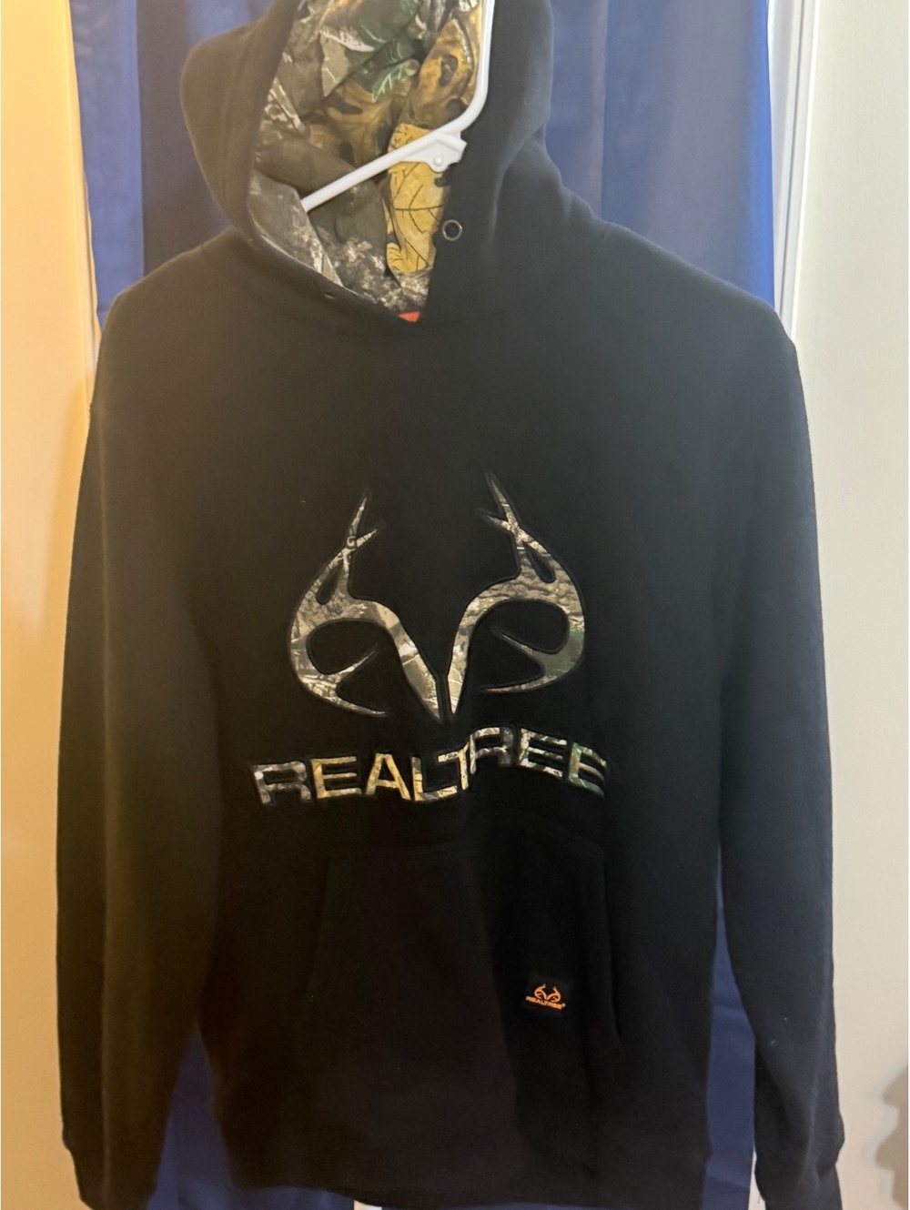Realtree Men's Black Hoodie with Camo Logo and Lined Hood - Size S